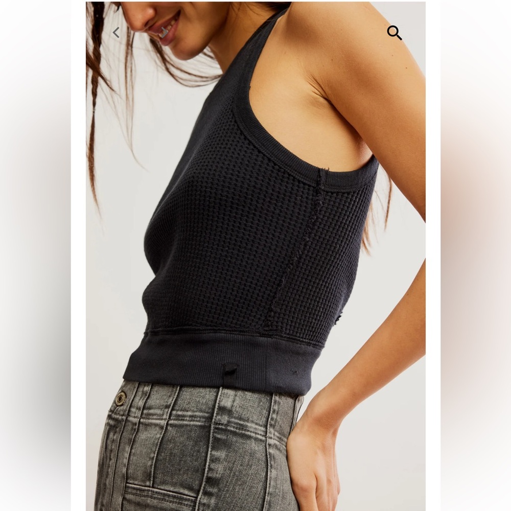 NWT FREE PEOPLE Vest Tank Top Black Waffle Thermal Size Small - Picture 2 of 6